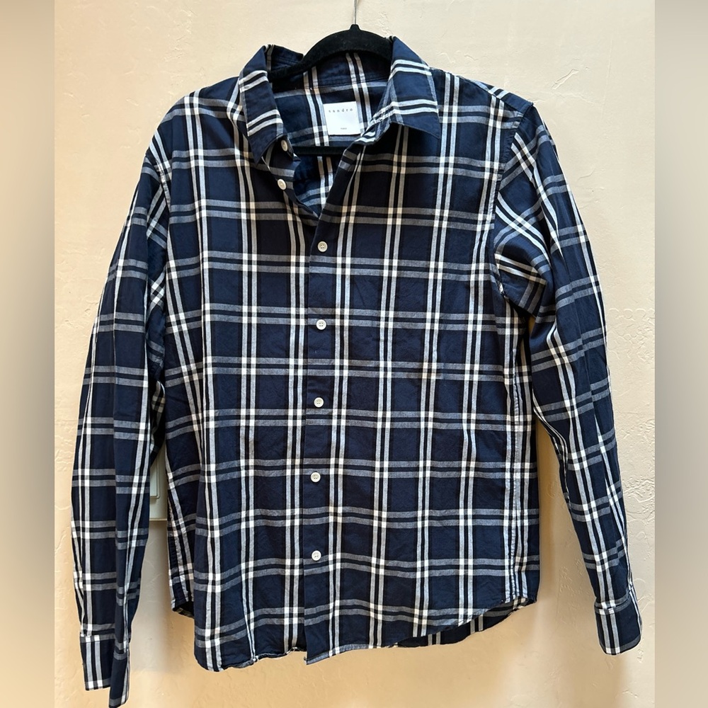 Sandro Paris Mens Cotton Plaid Long Sleeve Button Up Blouse Top Blue Size M